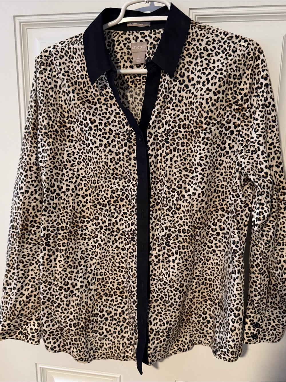 NWOT Chico's Leopard Print Button-Up Blouse with Black Trim